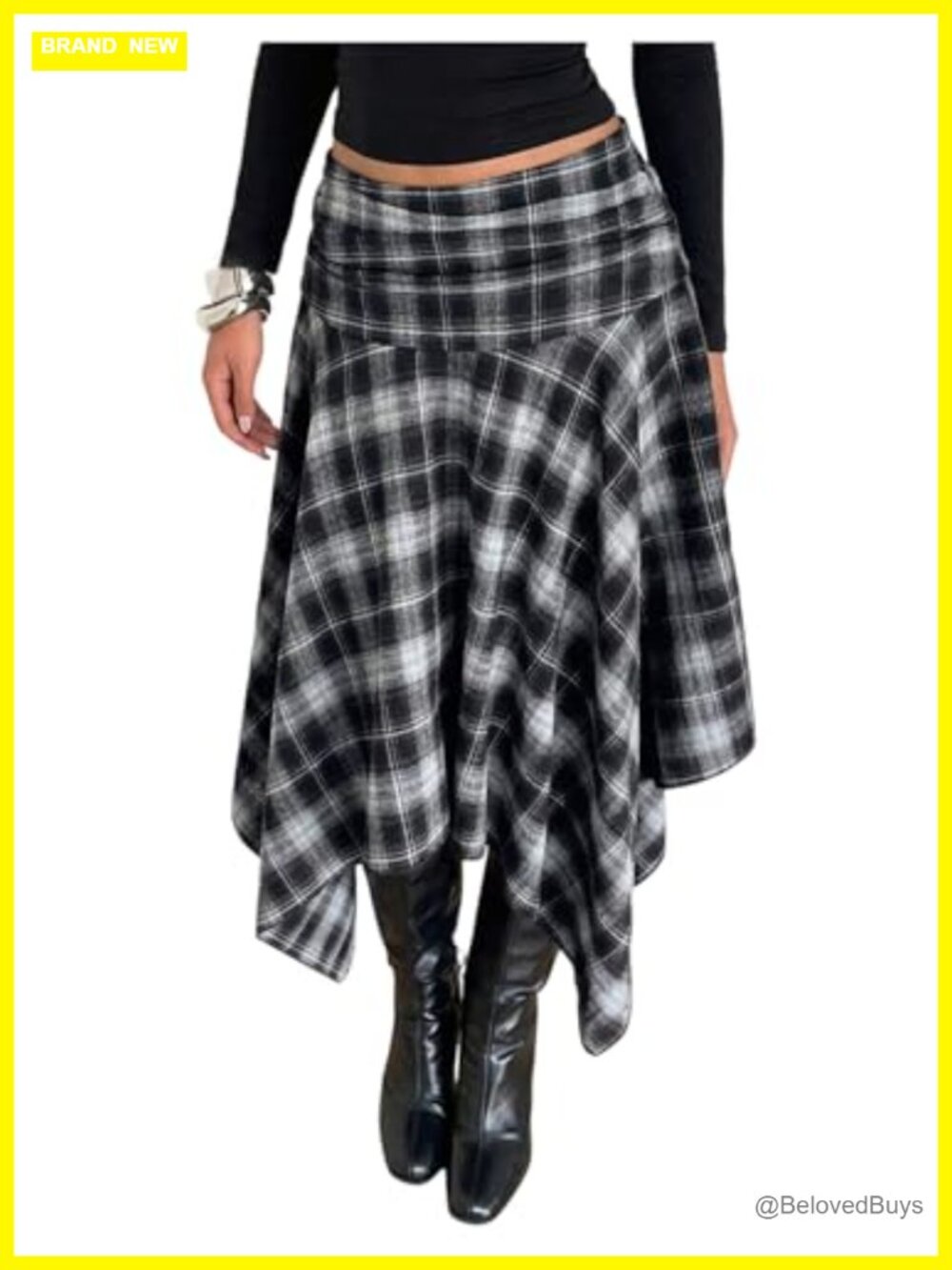 Plaid Midi Skirt Asymmetrical Ruffle Hem Low Rise Flowy Y2K